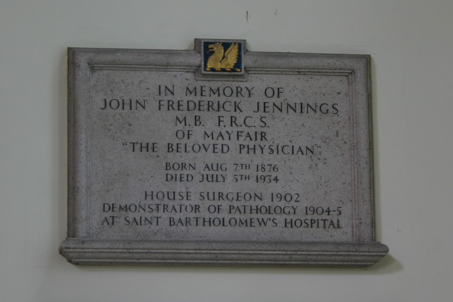 John Frederick Jennings' memorial tablet, St Bartholomew's Hospital, London - 02.JPG